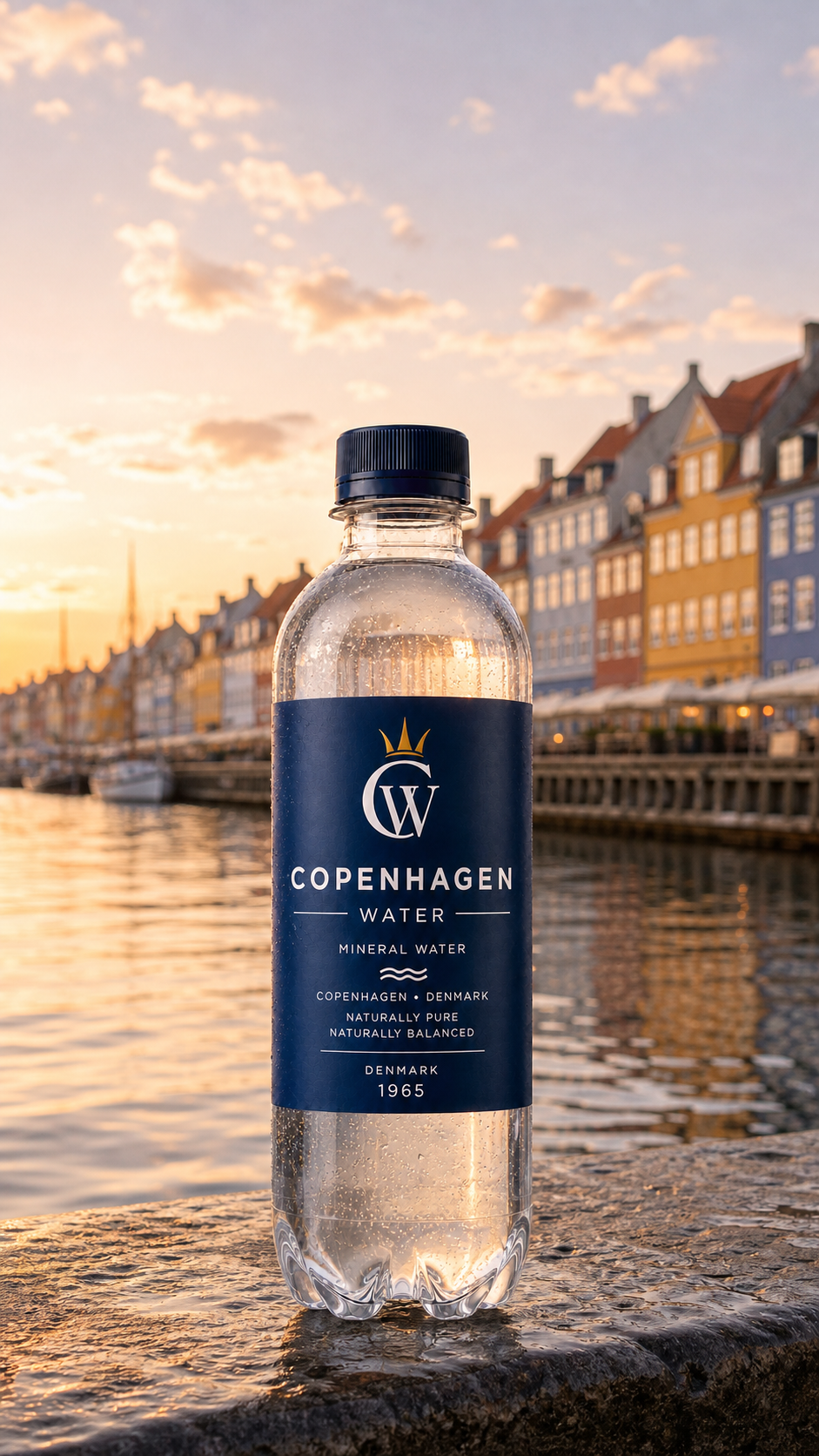 Copenhagen Water bottle beside Nyhavn at sunrise